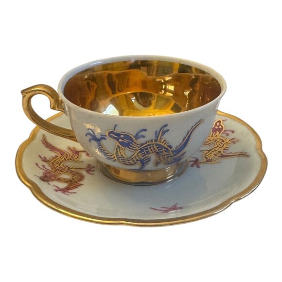 VNTG  Japanese Dragon Teacup Set 4Pc Gold Gilded Porcelain Collectible Decor - Picture 4 of 10